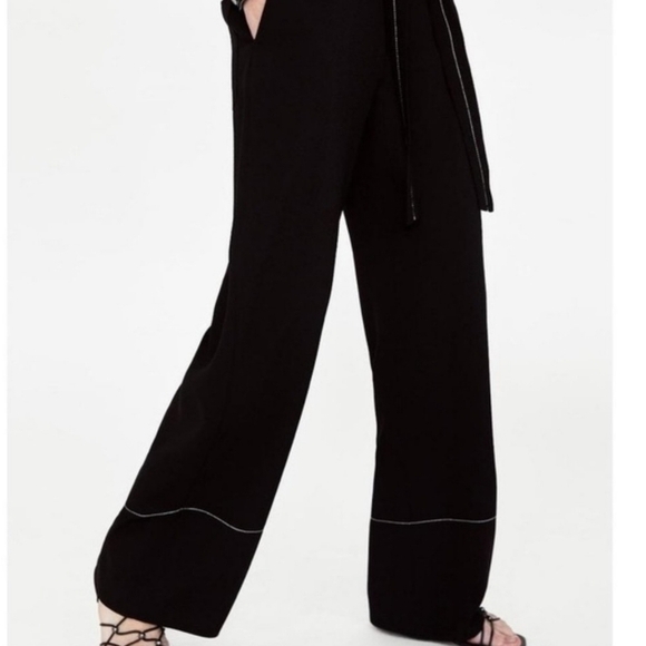 Zara Women's Wide Leg Dress Pants With Contrasting Topstitching, Black, XS - Picture 4 of 7